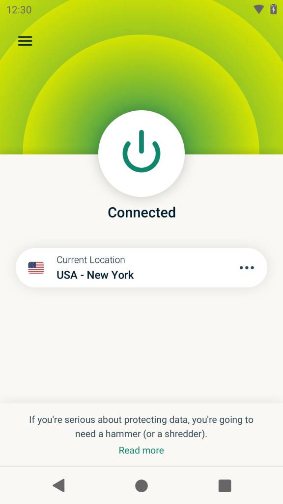 ExpressVPN on Android phone connected