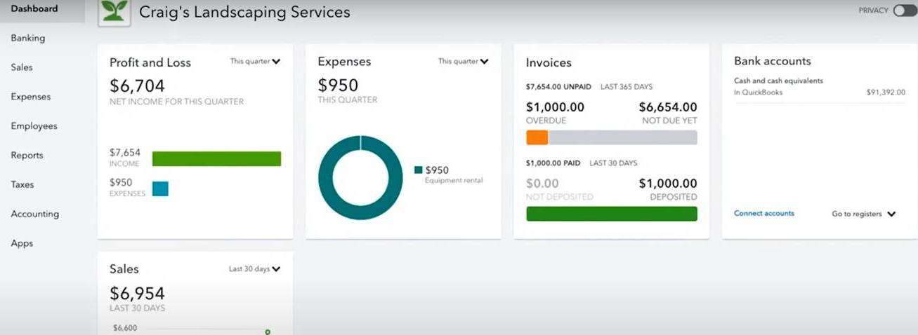 QuickBooks financial overview dashboard