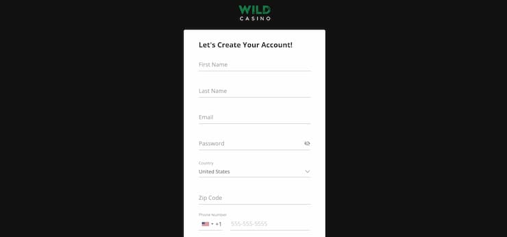 Wild Casino registration page