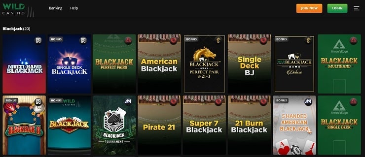 Wild Casino has many Blackjack games