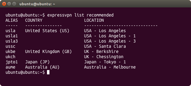 ExpressVPN recommended locations on Linux console