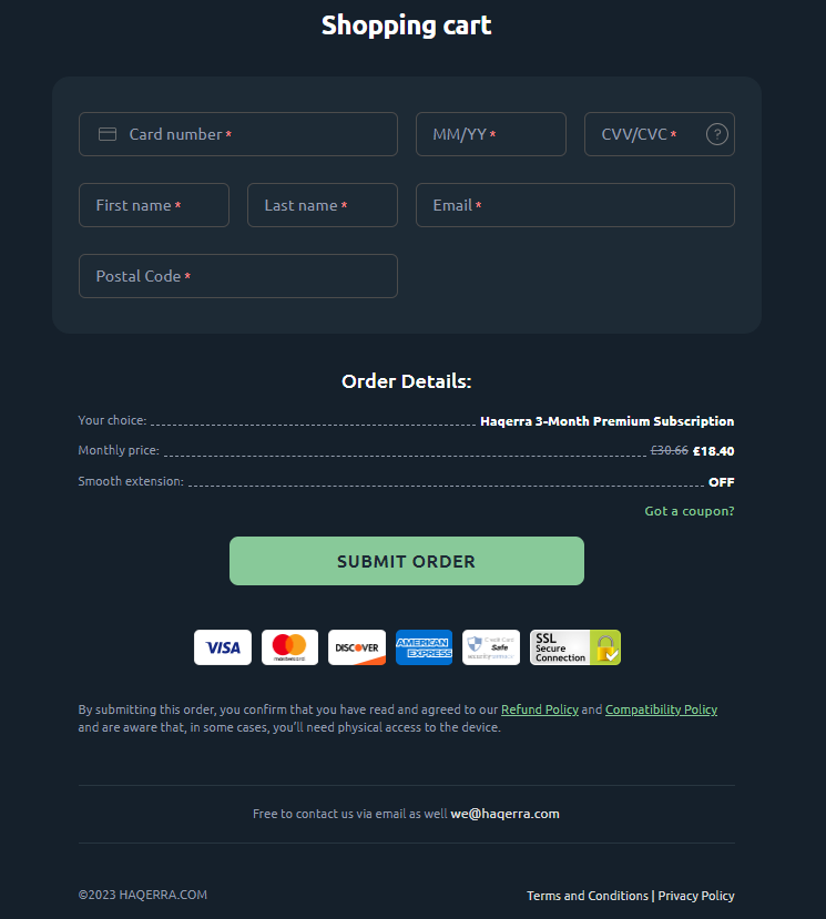 Image of the payment screen when purchasing a Haqerra subscription