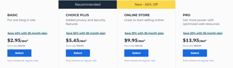 BlueHost’s paid plans