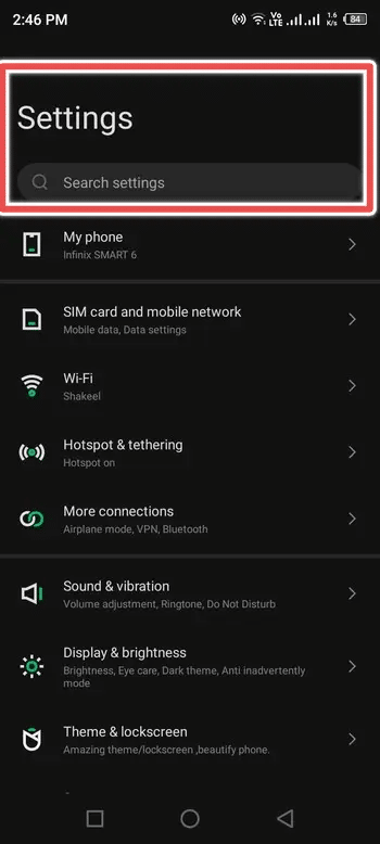 The search bar in the settings menu on an Infinix phone