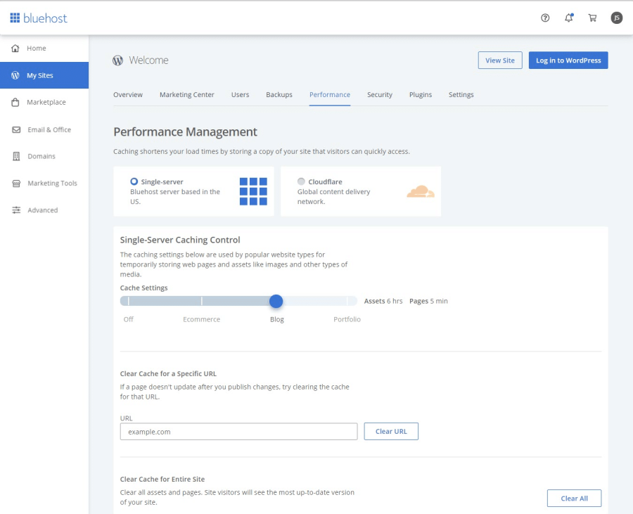 Performance Management view on BlueHost