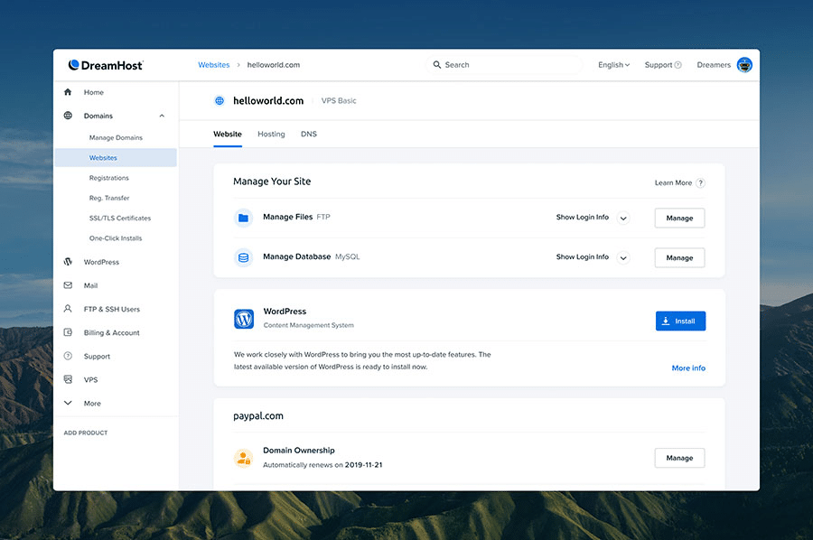 A view of DreamHost’s interface