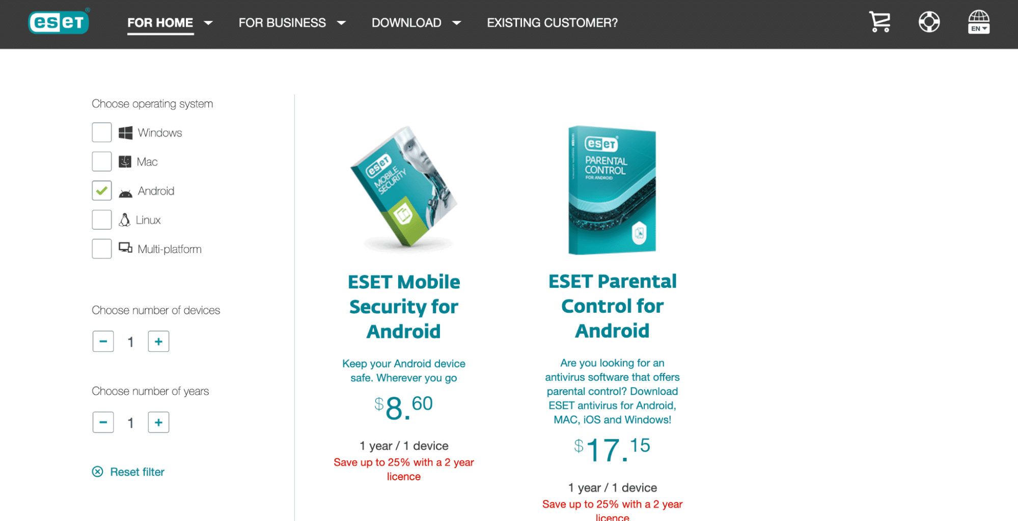 ESET pricing information