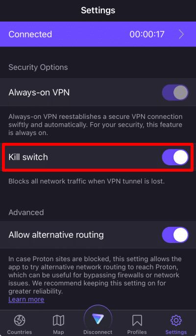 Kill switch feature on the Proton VPN app