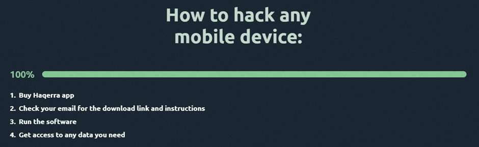 Screenshot from Haqerra’s website listing the four steps to hacking a mobile device