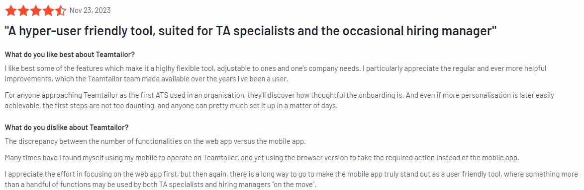 Teamtailor review on G2 describing it as a user-friendly tool suited for TA specialists