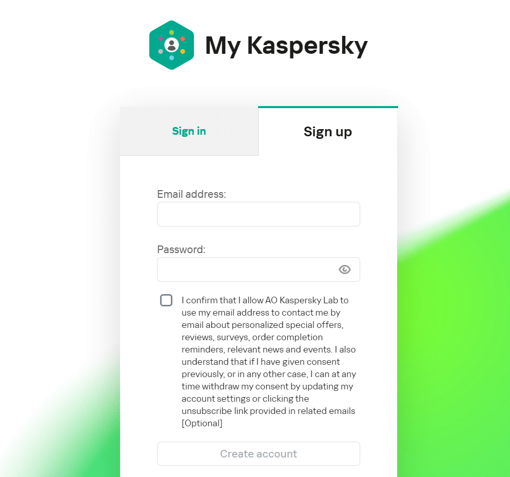 Kaspersky’s sign up page