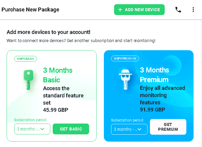 mSpy device subscription purchase prompt