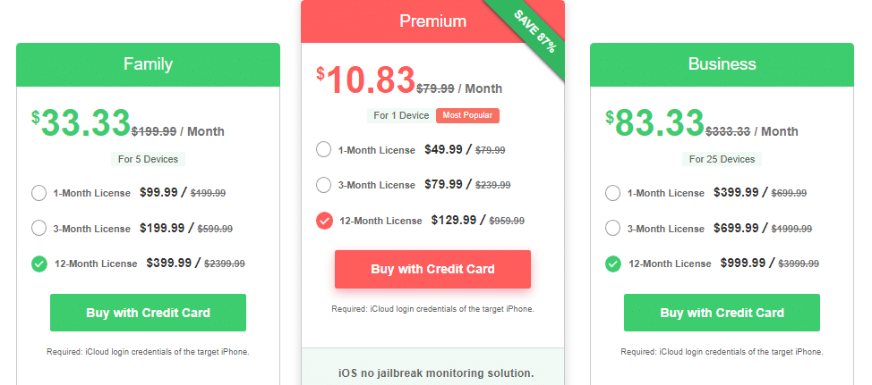 Spyic iOS pricing