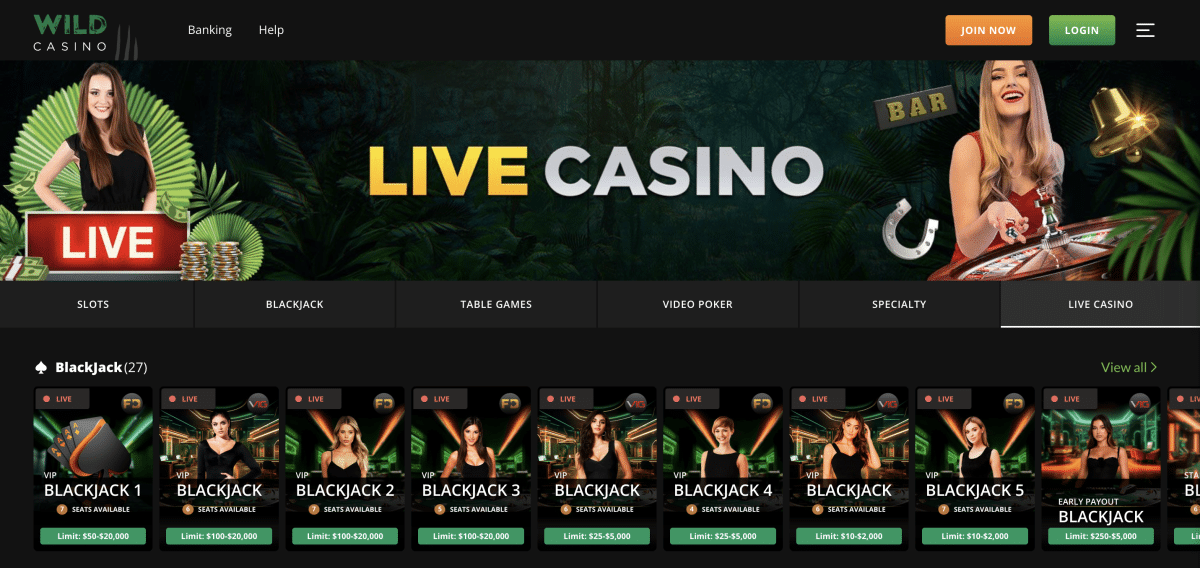 Wild Casino live blackjack homepage