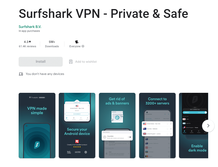 Surfshark VPN on Google Playstore